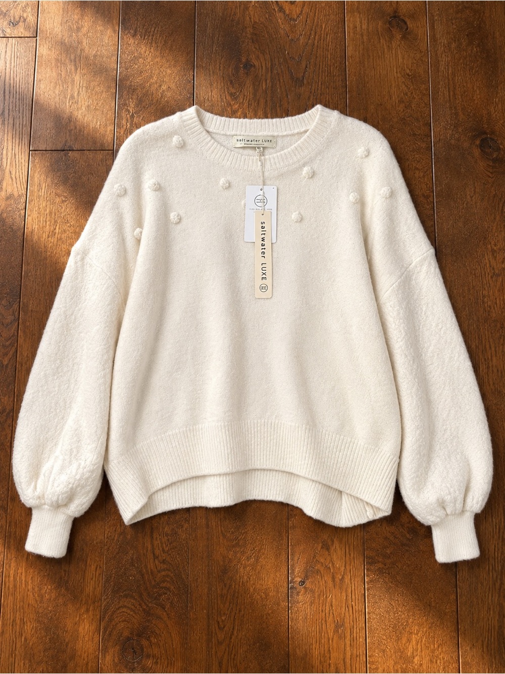 saltwater LUXE Ivory Pom-Pom Crewneck Sweater with Balloon Sleeves Sz XL